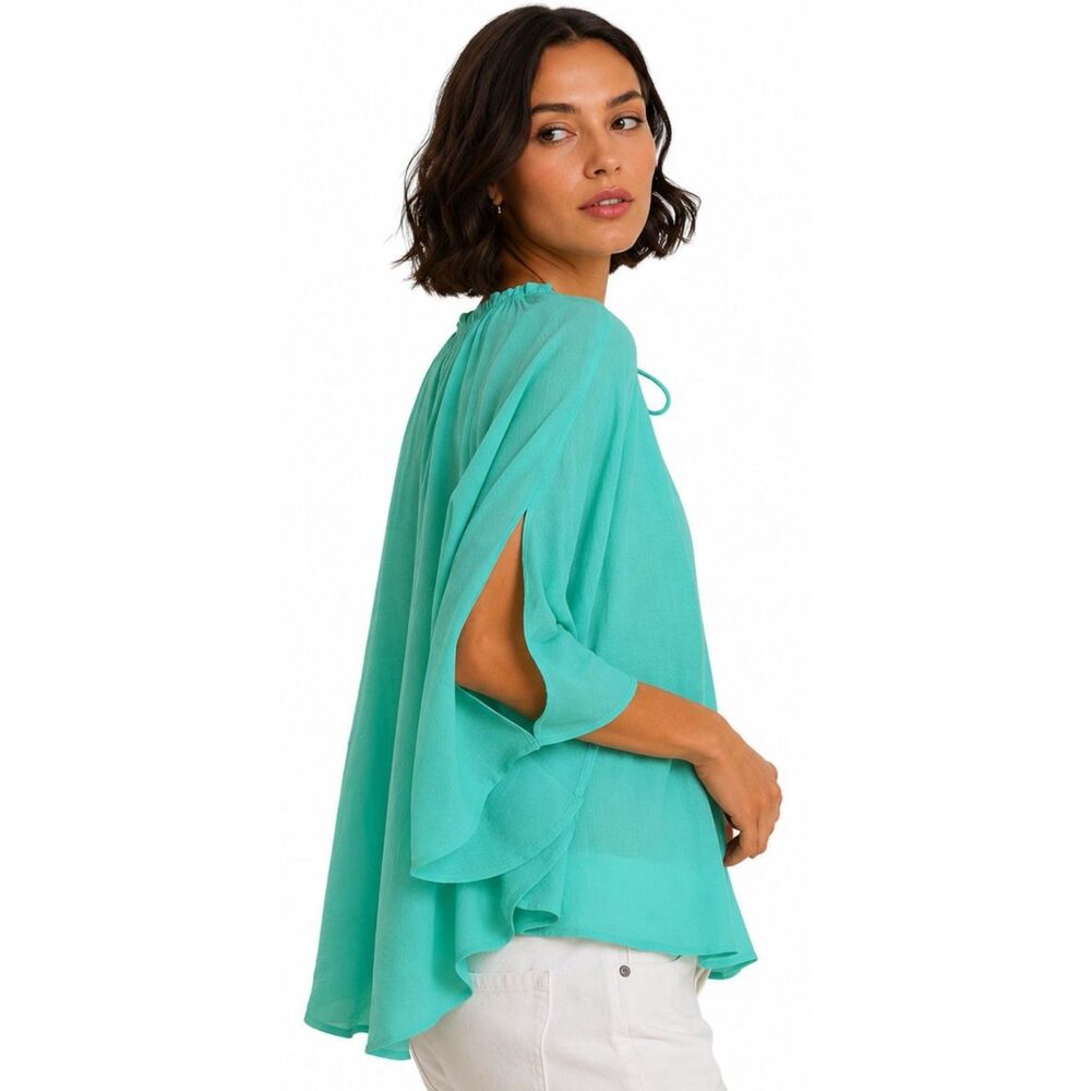 New Umgee S 4 6 8 Aqua Semi-Sheer Textured Flowy Elegant Tie Front Cape Top